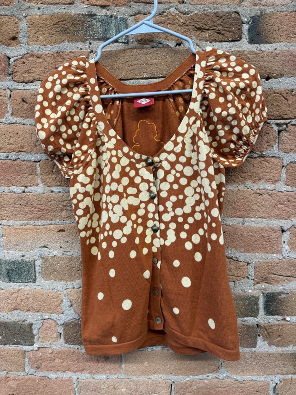 Oilily Rust Polka Dot Puff Sleeve Button-Front Top